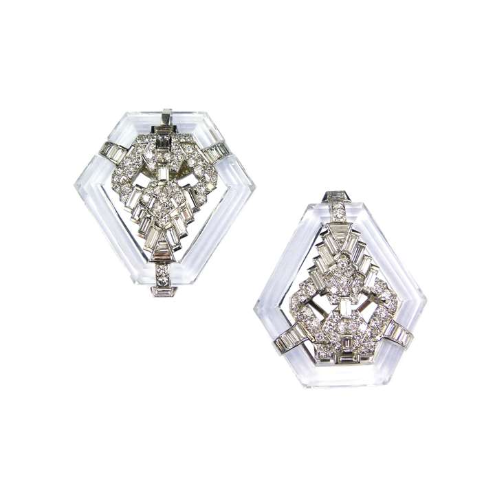 Pair of kite shaped rock crystal and diamond clip brooches